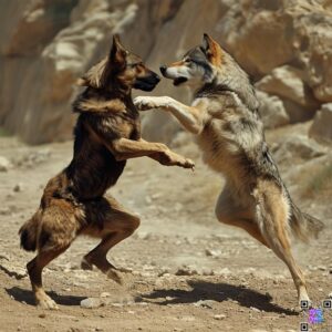 anatolian shephered fighting with a wolf