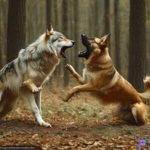 anatolian shephered fighting with a wolf in forest barking at each other